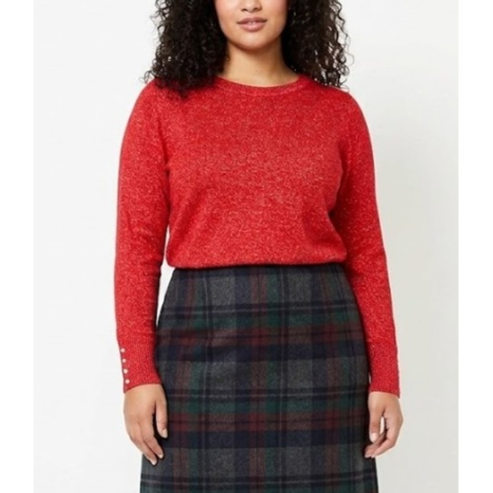 LOFT Sweater XL Red‎ Shimmer Knit Pearl Cuff Pullover Crew Neck Holiday Festive